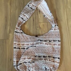 Made in Thailand Brown Patterned Shoulder Bag Elephant Print w Zip Pocket